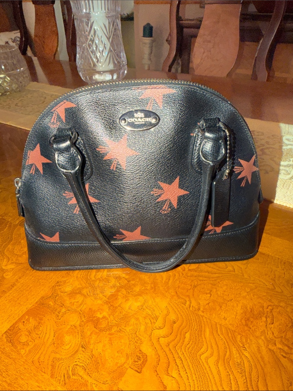 Coach Black Leather Dome Satchel with Coral Star Print